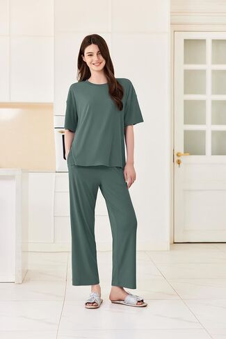 Ekouaer Pajamas for Women Libbed Knit Lounge Set Soft PJS PJS Short Sleeve Loungewear 2 قطعة مجموعات S-XXL in Kuwait