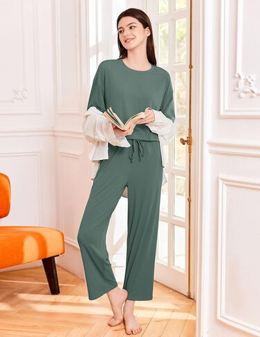 Ekouaer Pajamas for Women Libbed Knit Lounge Set Soft PJS PJS Short Sleeve Loungewear 2 قطعة مجموعات S-XXL in Kuwait