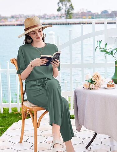 Ekouaer Pajamas for Women Libbed Knit Lounge Set Soft PJS PJS Short Sleeve Loungewear 2 قطعة مجموعات S-XXL in Kuwait