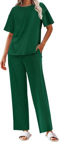 Ekouaer Pajamas for Women Libbed Knit Lounge Set Soft PJS PJS Short Sleeve Loungewear 2 قطعة مجموعات S-XXL in Kuwait