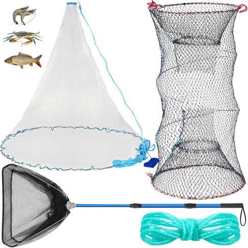 Windyun 3 Pcs 4ft Fishing Cast Net with Heavy Duty Sinker Portable Folded Lobster Crab Trap Fishing Net with Long Robust Telescopic Handle Freshwater Saltwater Bait Fishing Accessories in Saudi Arabia