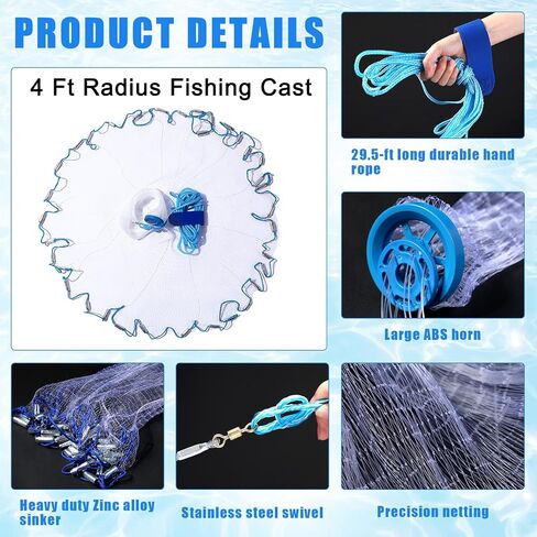 Windyun 3 Pcs 4ft Fishing Cast Net with Heavy Duty Sinker Portable Folded Lobster Crab Trap Fishing Net with Long Robust Telescopic Handle Freshwater Saltwater Bait Fishing Accessories in Saudi Arabia
