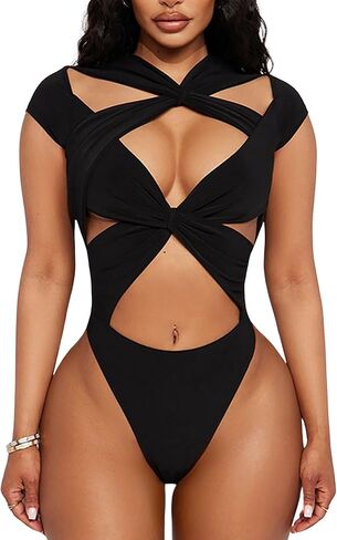 BAIMORE Women's Sexy Criss Cross Cutout Bandage Cap Sleeve Leotard Bodysuit for Nightclub in Kuwait