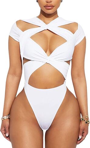 BAIMORE Women's Sexy Criss Cross Cutout Bandage Cap Sleeve Leotard Bodysuit for Nightclub in Kuwait