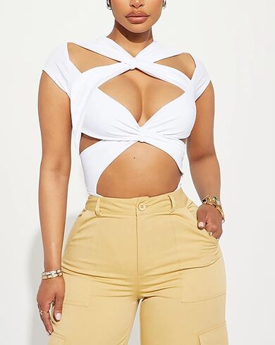 BAIMORE Women's Sexy Criss Cross Cutout Bandage Cap Sleeve Leotard Bodysuit for Nightclub in Kuwait