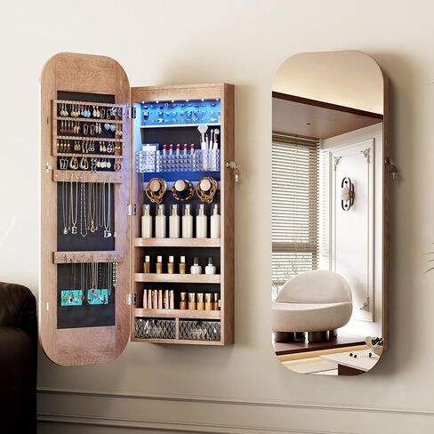 LVSOMT Round Mirror Jewelry Cabinet Door Hang, Jewelry Armoire with Mirror Wall Mounte, Hanging Mirror Jewelry Organizer, Full Length Mirror with Jewelry Storage, Brown in Saudi Arabia