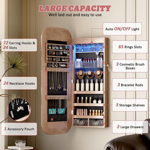 LVSOMT Round Mirror Jewelry Cabinet Door Hang, Jewelry Armoire with Mirror Wall Mounte, Hanging Mirror Jewelry Organizer, Full Length Mirror with Jewelry Storage, Brown in Saudi Arabia