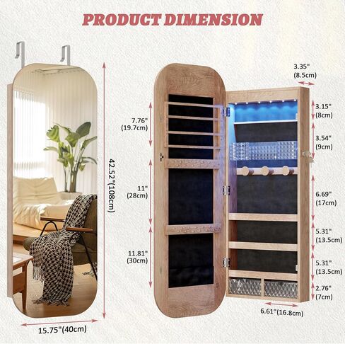 LVSOMT Round Mirror Jewelry Cabinet Door Hang, Jewelry Armoire with Mirror Wall Mounte, Hanging Mirror Jewelry Organizer, Full Length Mirror with Jewelry Storage, Brown in Saudi Arabia