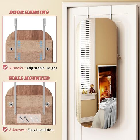 LVSOMT Round Mirror Jewelry Cabinet Door Hang, Jewelry Armoire with Mirror Wall Mounte, Hanging Mirror Jewelry Organizer, Full Length Mirror with Jewelry Storage, Brown in Saudi Arabia