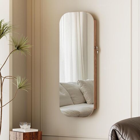 LVSOMT Round Mirror Jewelry Cabinet Door Hang, Jewelry Armoire with Mirror Wall Mounte, Hanging Mirror Jewelry Organizer, Full Length Mirror with Jewelry Storage, Brown in Saudi Arabia