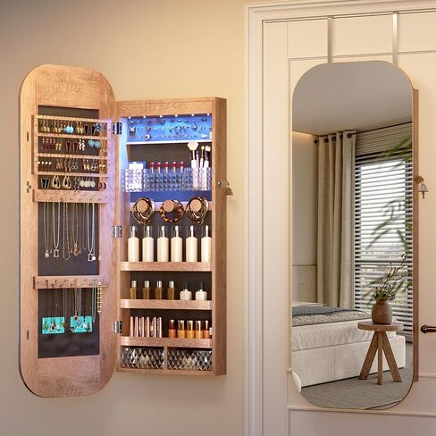 LVSOMT Round Mirror Jewelry Cabinet Door Hang, Jewelry Armoire with Mirror Wall Mounte, Hanging Mirror Jewelry Organizer, Full Length Mirror with Jewelry Storage, Brown in Saudi Arabia