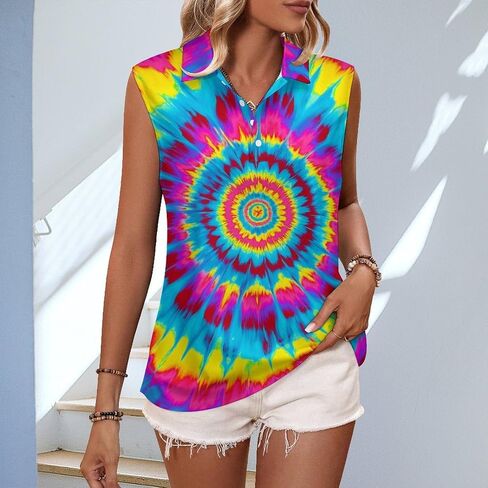 JooMeryer Womens Button Down Golf Polo Shirts Colorful Tie Dye Sleeveless Tank Top XS-4X in Saudi Arabia