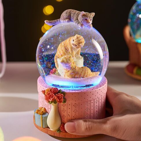 LOVE FOR YOU Gift Wrapped Music Box Cat Lovers Flower Basket Musical Snow Globe Decoration for Girls and Women Kids Baby Niece Sister Daughter Mom Granddaughter Grandma Christmas Birthday Present in Kuwait