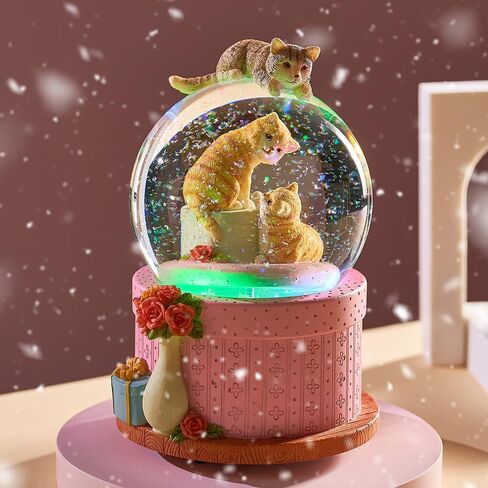 LOVE FOR YOU Gift Wrapped Music Box Cat Lovers Flower Basket Musical Snow Globe Decoration for Girls and Women Kids Baby Niece Sister Daughter Mom Granddaughter Grandma Christmas Birthday Present in Kuwait