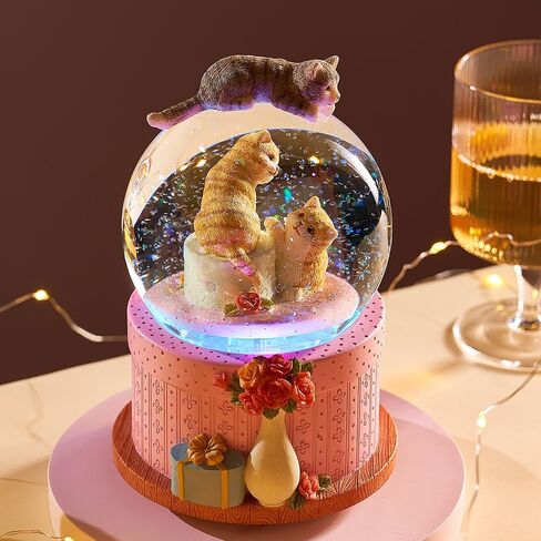 LOVE FOR YOU Gift Wrapped Music Box Cat Lovers Flower Basket Musical Snow Globe Decoration for Girls and Women Kids Baby Niece Sister Daughter Mom Granddaughter Grandma Christmas Birthday Present in Kuwait