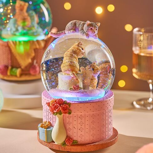 LOVE FOR YOU Gift Wrapped Music Box Cat Lovers Flower Basket Musical Snow Globe Decoration for Girls and Women Kids Baby Niece Sister Daughter Mom Granddaughter Grandma Christmas Birthday Present in Kuwait