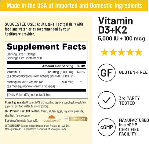 NatureWise Vegan Vitamin D3 + K2 with Organic Coconut MCT Oil - Organic D3 5000IU + Natural K2 100mcg - High Absorption Bone Support - Soy & Gluten Free - USA Manufactured - 30 Softgels[30-Day Supply] in Saudi Arabia