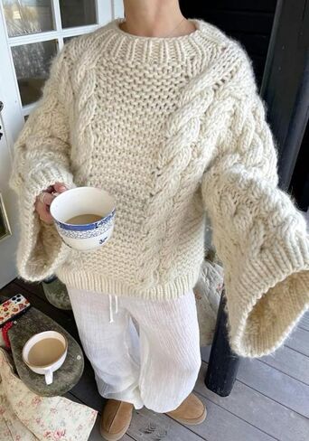 Tbahhir Women's Oversized Cable Knit Sweaters Crewneck Pullover Loose Long Sleeves Ribbed Chunky Slouchy Tunic Tops in Saudi Arabia
