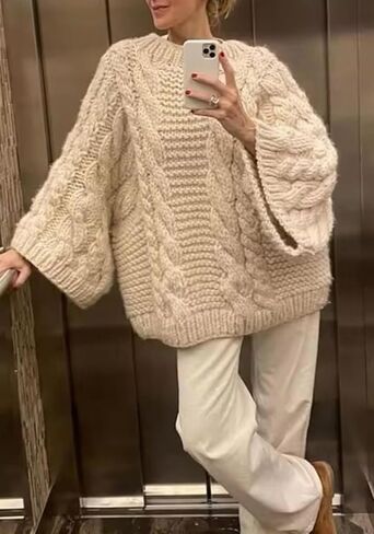 Tbahhir Women's Oversized Cable Knit Sweaters Crewneck Pullover Loose Long Sleeves Ribbed Chunky Slouchy Tunic Tops in Saudi Arabia
