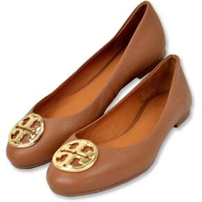 Tory Burch Womens Pebbled Cow Leather Chelsea Ballet Flat Shoes, (US: 7.5 (M),Royal Tan/Gold)