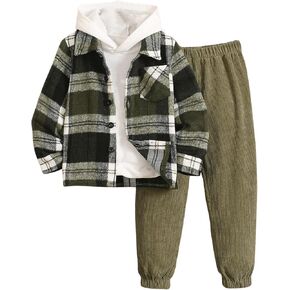 MakeMeChic Boy's 2 Piece Outfit Plaid Fuzzy Button Down Thermal Jacket and Corduroy Pants Set