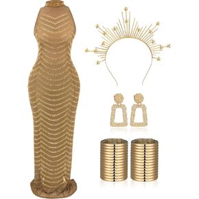 6 Pcs Women Rhinestone Dress Party Night Club African National Jewelry Egypt Bracelet Earrings Mary Crown Headpiece