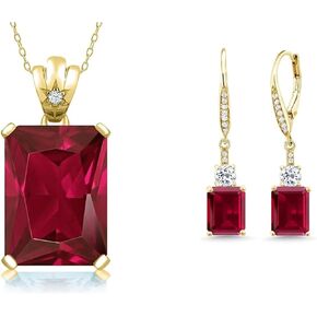 GEM Stone King Red خلقت روبي وبياضة توباز توباز متدلى وأقراط القلادة المقطوعة في الزمرد المقطوعة في الفضة الذهب الصفراء 18K | الأحجار الكريمة يوليو المولد | مجموعة المجوهرات الذهبية للنساء
