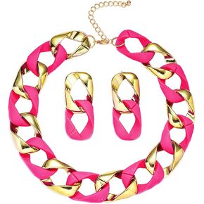 WCRAZYE Boho Chunky Necklace Earrings Set for Women Colourful Acrylic Chunky Statement Necklace Cuban Link Chain Collar Necklace Retro Neon 80s Jewelry