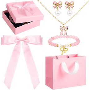 Tondiamo Coquette Bow Jewelry Set Necklace Earrings Bracelet Hairpin with Gift Box for Women Pink Bow Coquette Accessories