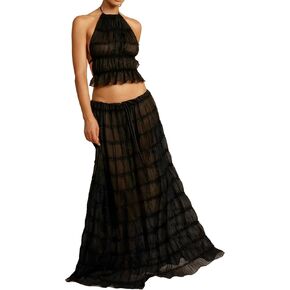 Womens 2 قطعة صيفية الملابس شيفون الرسن أعلى المحصول عاريات المحصول و Tulle Tulle كشكش Maxi مجموعات