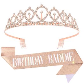 Birthday Baddie Sash and Crown Tiara - Pink Glitter Sash with Dazzling Foil Birthday Baddie Sash and Crown for Women Girls Funny Party Favor Supplies
