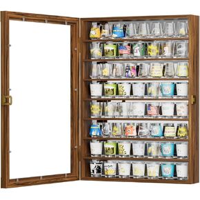 8 Tier Shot Glass Display Case Mirror Backed Wall Mount Shot Glass Holder Cabinet with Removable Shelves Lockable Shadow Box with Acrylic Door for Shot Glass Storage (Brown, 1 Pcs)