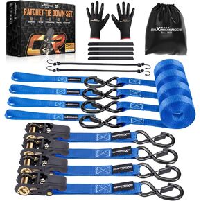 maXpeedingrods Ratchet Tie Down Straps (4 Pack) - 2200lb Max Break Strength, Includes (4) Premium 1" x 15' Tie Downs with Padded Handles, Hook and Loop Straps, Storage Bag and Gloves - Black