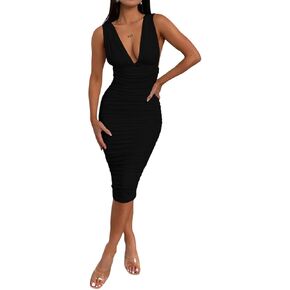 Women's Deep V Neck Ruched Bodycon Dress, Sleeveless Backless Cocktail Party Midi Dress