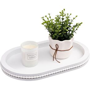 Oval Decorative Tray, Wooden Decorative Serving Tray for Kitchen Counter, Wood Beaded Tray for Farmhouse Home Living Room Decor, White, 15 Inch