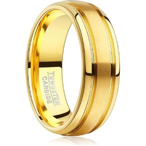 Vakki Gold Tungsten Rings for Men 8mm Double Grooved Wedding Band Brushed Center Polished Edge Domed Size 7-12