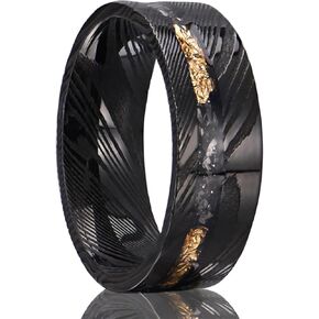 Black Damascus Steel Rings for Men Inlaid with Gold Foil Meteorite Fragments 8mm Flat Men's Wedding Bands Stylish and Comfortable Suitable for Party Anniversaries
