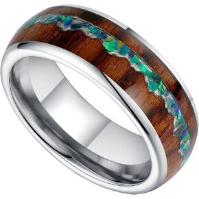 Tungsten Rings for Men 8mm Mens Tungsten Wedding Bands White Gold Plated with Created Blue-green Opal and Wood Inlaid Promise Rings Dome Polished Daily Wear Size 7-14