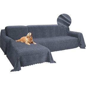 HDCAXKJ Chenille Couch Covers for Sectional Sofa L Shape Sofa Cover Blanket with Tassel 2-Piece L Shaped Sectional Slipcovers with Chaise Washable Pet Dog Furniture Protector (Blue Grey, X-Large)
