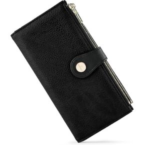 Womens Leather Wallet RFID حجب حامل بطاقة الائتمان النحيف Bifold محفظة السفر مع جيب سحاب مزدوج (الفراولة)