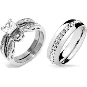 His Hers Couple Ring Set Womens 1 Ct Princess CZ Stainless Steel Wedding Ring Set Mens All Around CZ Wedding Band