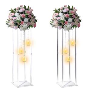 Clear Acrylic Vases Flower Stand Wedding Centerpieces with Hanging Glass Tealight Globe Candle Holders for Event Party Table Decoration Display Rack Column (2, 28 inch)