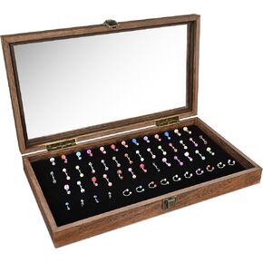 MOOCA Temper Glass Top Jewelry Display Case with Tempered Glass Lid and 54 Clip Body Jewelry Showcase Display Pad for Belly Button Rings, Tongue Rings, and Industrial Barbell Organizer, Brown Color