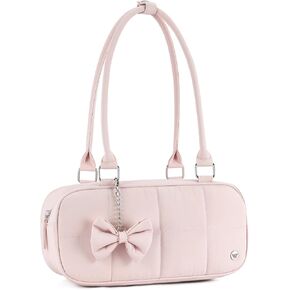 WESTBRONCO Puffer Shoulder Bag for Women Quilted Handbags, Puffy Cosmetic Makeup Bag Organizer with Cute Ornament