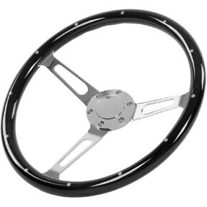 Wood Steering Wheel, Wood Grain Steering Wheel, 380mm 15in Classic Steering Wheel Assembly Walnut Grip 3 Spoke Riveted 6 Hole Universal Modification (Black)