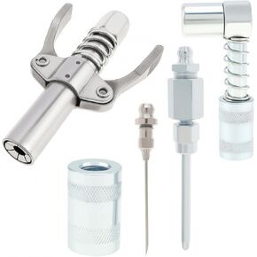 5Pcs Grease Gun Fittings, Double Handles Grease Gun Coupler, 90 Degree Grease Gun Coupler Adapter with Sleeves, Needle Nozzle, Grease Needle, Compatible with 1/8" NPT Grease Gun