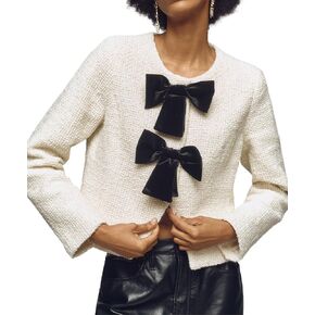 Women's Bow Front Tweed Jacket Elegant Slim Collarless Cropped Lady Jacket