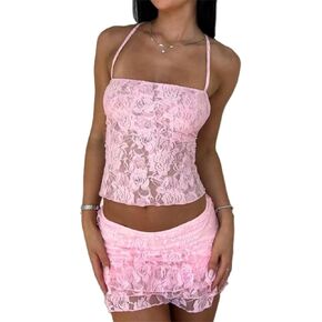 Women Sexy 2 Piece Lace Outfits Tie-up Backless Crop Tops + Ruffled Hem Layered Mini Skirt Sets Party Clubwear