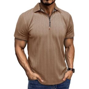 Nuofengkudu Men's Quarter Zip Polo Short Sleeve Collared T-Shirts Vintage Textured Casual Summer Tee Shirt