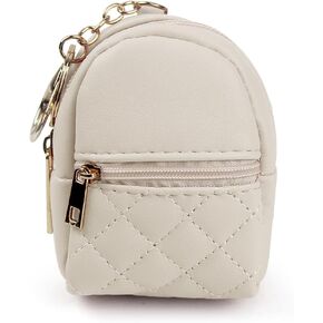 Small Change Coin Purse, Mini Backpack Cute Cosmetic Bag for Women with Keychain and 2 Zipper Layers, Change Purse for Travel and Dating (Beige)